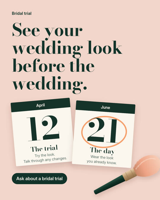 See your wedding look before the wedding. An illustrated brush and a card connect the trial to the wedding day. Ask about a bridal trial.